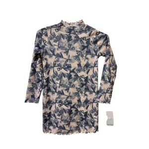 Stitch & Pine Girls Bow Print Mock Neck Ribbed‎ Top Pink Gray Lettuce Edge L 14